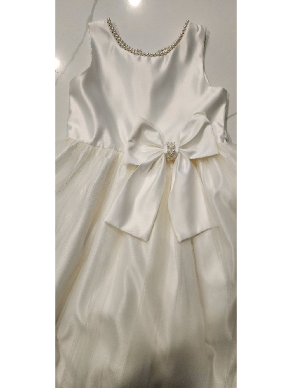Sweet Kids Ivory Flower Girl Dress Size 8 Pearl Trim Satin Tulle Formal Wedding - Picture 3 of 10